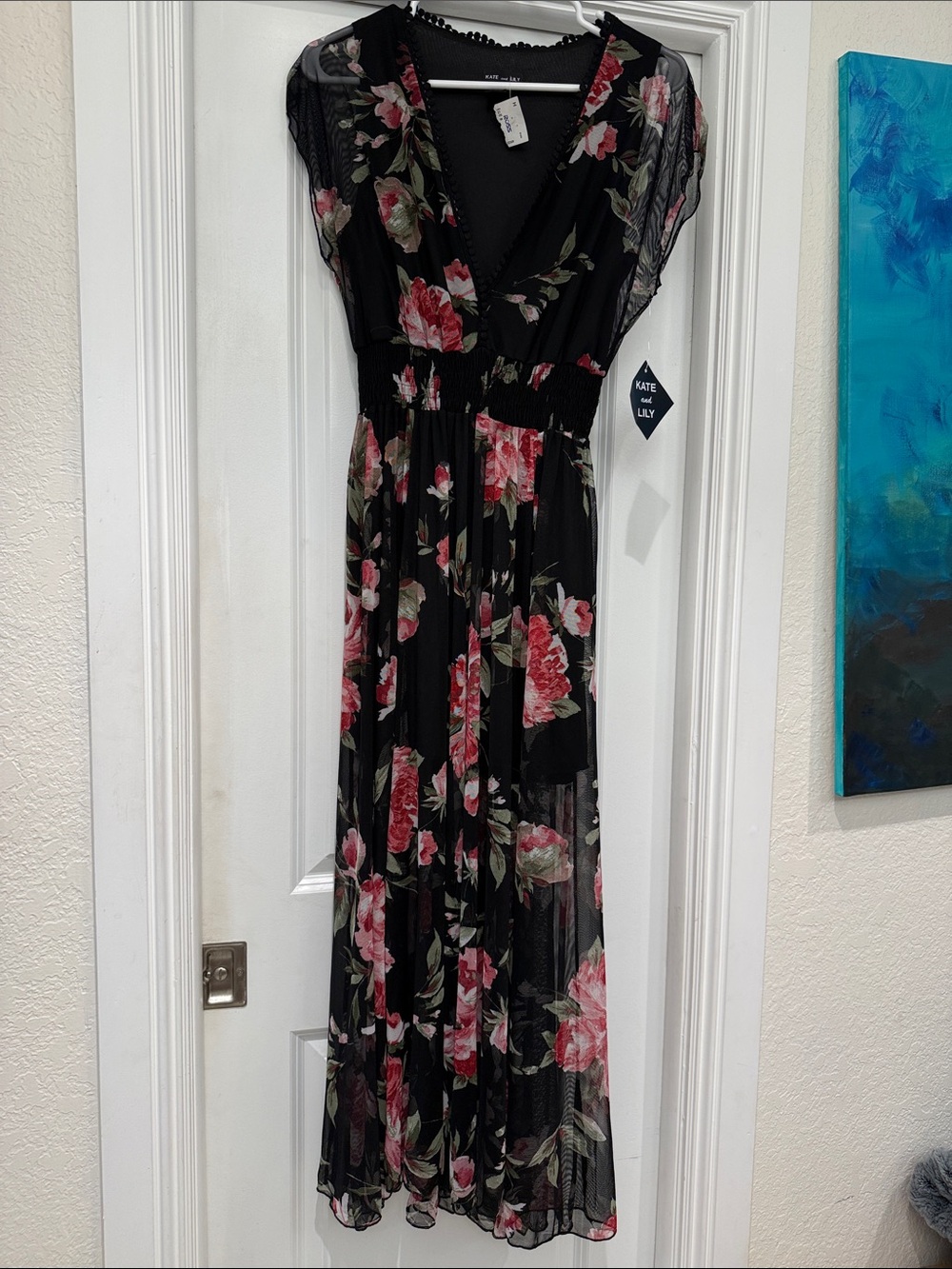 Black Floral V-Neck Maxi Dress NWT